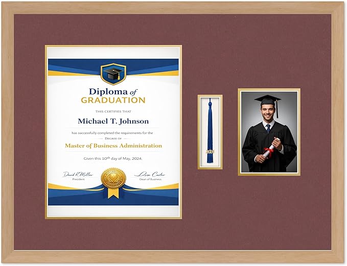 Diploma Tassel and Photo Frame Natural Wood Shadowbox Dark Red Over Gold Mat - Fits 11 x 14 Degree Picture Made in the USA