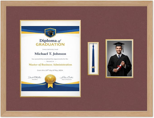 Diploma Tassel and Photo Frame Natural Wood Shadowbox Dark Red Over Gold Mat - Fits 11 x 14 Degree Picture Made in the USA