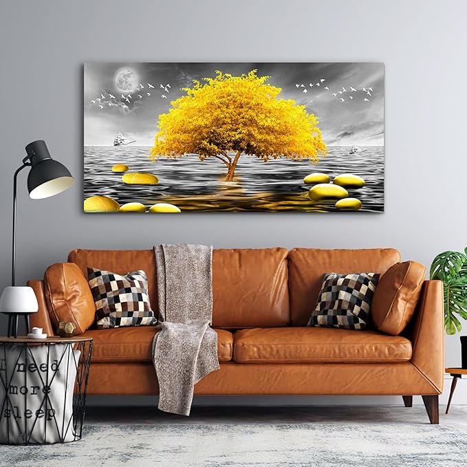 hyidecorart Canvas Wall Art 30"X60" - Black And White Ocean Scenery & Yellow Tree Art Print, Large Wall Decor Posters Abstract Pictures for Living Room, Bedroom, Office Modern Home Decor