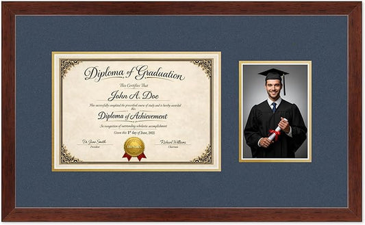 Diploma Frame With Photo Opening Rustic Walnut Navy Blue Over Gold Mat - Fits 11.69 x 8.27 Degree and Picture Made in the USA