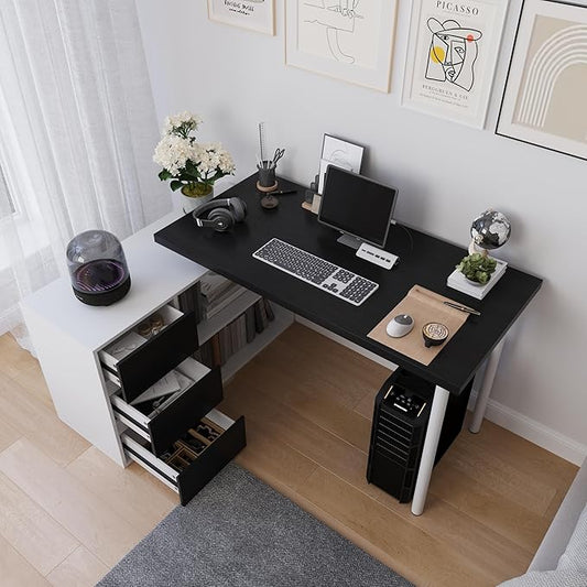 L Shape Small Desk - Computer Corner Desk with 3 Drawers and 2 Shelves, 53 inch Home Office Table with Storage Cabinet for Gaming Writing Study, White+Black