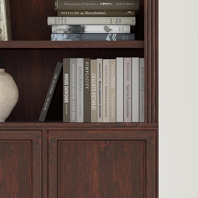 JAHRSTIM Halston Standard w/Doors Bookshelves and Bookcase Floor Standing 5 Tier Adjustable Shelves Organizer and Storage, 72in Tall Bookshelf for Home Office, Living Room, Bed Room, Kitchen, Cherry