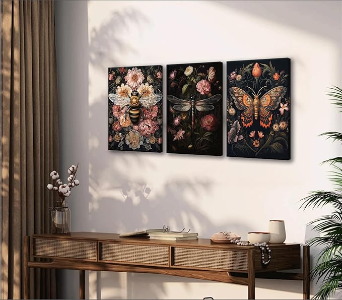 3pcs Dark Floral Canvas Wall Art Vintage Butterfly Dragonfly Bee Painting Picturts Wall Decor Gothic Dark Academia Aesthetic Posters Print Artwork for Bedroom Living Room Home Decoration 12x16in