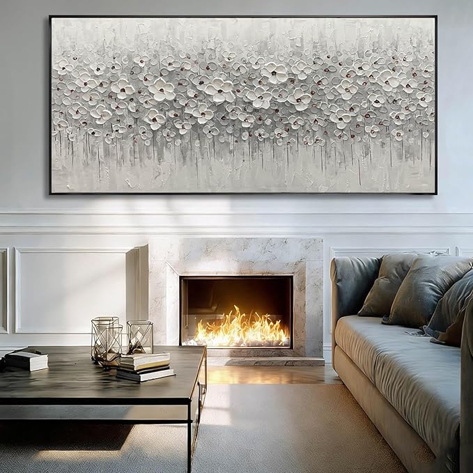 SDYA Oversized White Flower Wall Art, Hand Painted Floral Canvas Paintings With Frame, Extra Large Modern Wall Decor for Living Room Bedroom Office 40"x86"