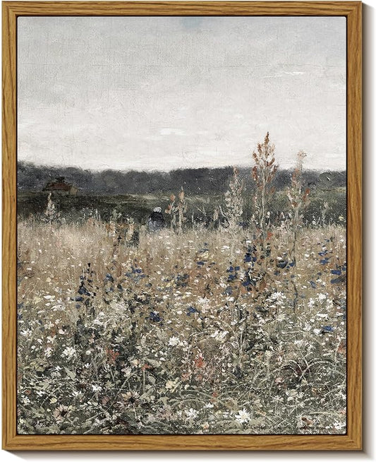 InSimSea Framed Canvas Prints Art Vintage Decor, Wildflower Field Meadow with Flowers Painting, Rustic Landscape Wall Art for Living Room Bedroom Home Bathroom, 8"x10"