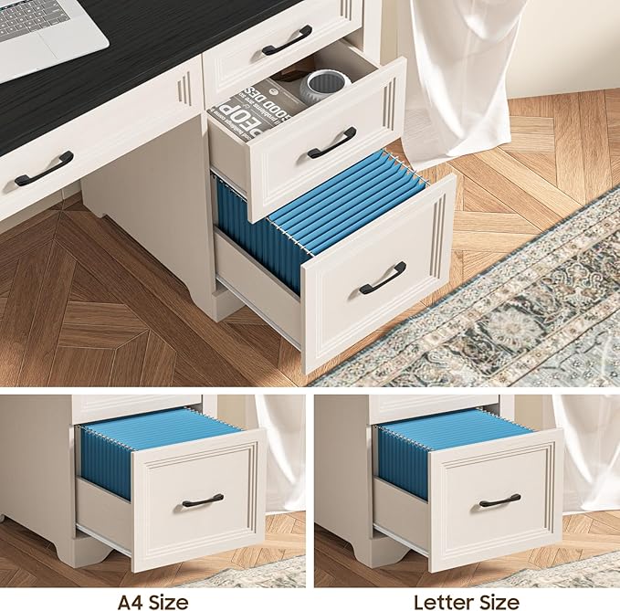 Farmhouse Executive Desk with 4 Drawers and Storage Cabinet, Rustic Large Home Writing Desk with Hutch, Workstation for Bedroom, Black.