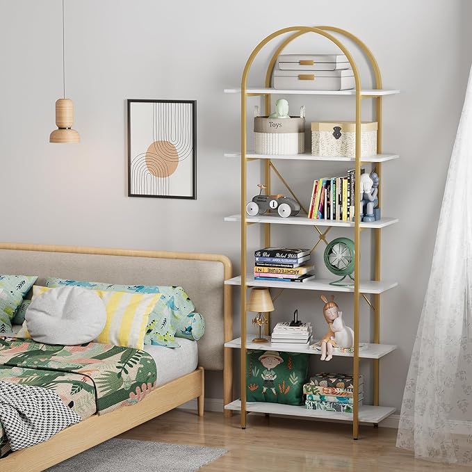 6 Tier Bookshelf, 83" Tall Arched Bookcase, Tall Book Shelf with Metal Frame, Modern Display Standing Shelf for Living Room, Home Office, Bedroom, Gold