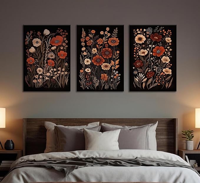 Wavkkey 3 Pcs Dark Floral Canvas Wall Art Vintage Moody Flowers Botanical Posters Painting Picture Wall Decor Print Artwork for Living Room Bedroom Women Room Home Decoration