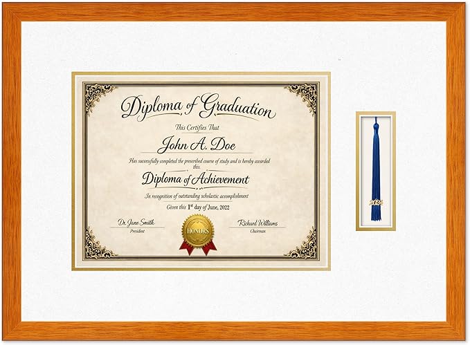 Diploma Frame with Tassel Holder Honey Oak Shadowbox Oyster Shell Over Gold Mat - Fits 13 x 10 Degree Made in the USA