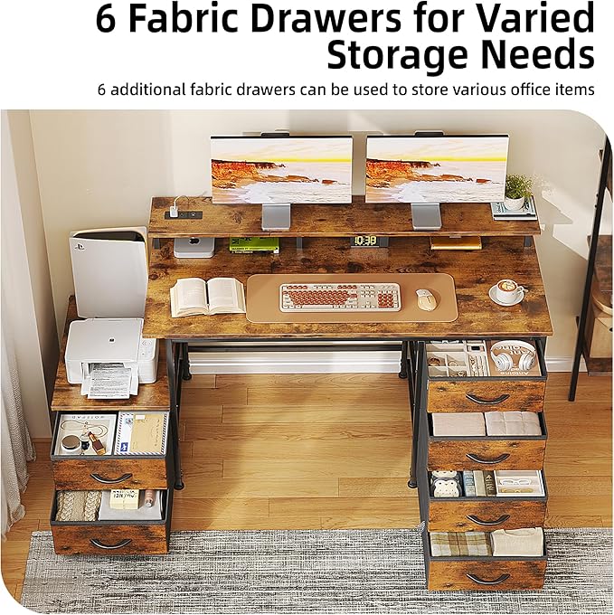 Flrrtenv 52 Inch Office Desk with 6 Drawers and Printer Space for Storage, Reversible Computer Desk with Monitor Stand & Power Outlets, Home Office Desks, Vintage