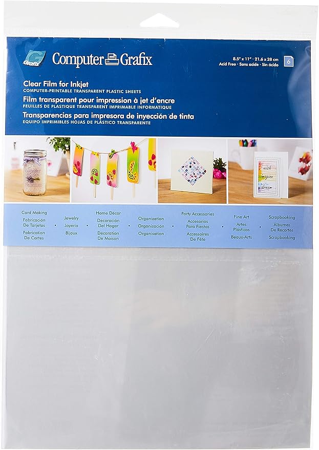 Computer Grafix Ink Jet Film - Printable Film for Creating Custom Overlays, Journals, Window Effects, Stickers, Photos, Jewelry and More, Ink Jet Printers Only (Clear, Pack of 6 (8.5"x11"))