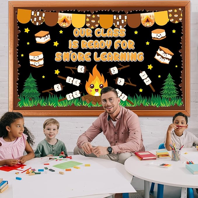 gisgfim Back to School Marshmallow S'More Bulletin Board Decoration Cookies Campfire Marshmallow Cutouts Woodland Camping Bulletin Board Border Set for Classroom School Chalkboard Wall Decor Supplies