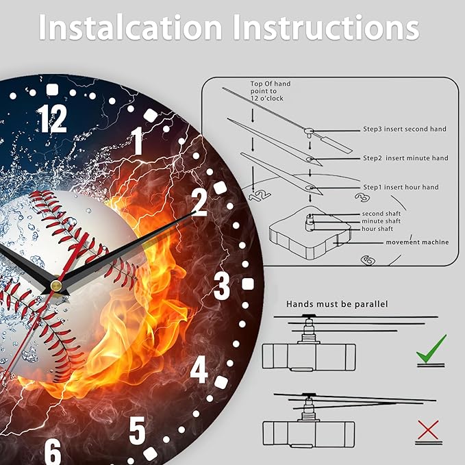 SPUNKER Wall Clocks,Baseball Wall Clocks,USA Sport Fire Water Battery Operated Wall Clock Silent Non-Ticking Decorative for Home Kitchen Bathroom Living Room Bedroom Office 10 Inch