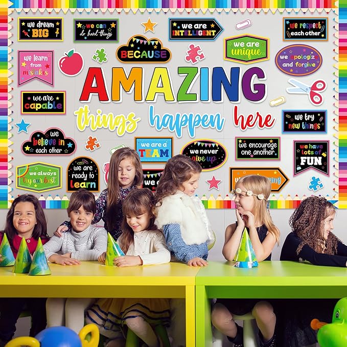 gisgfim Welcome Back to School Bulletin Board Decorations Set Amazing Things Happen Here Classroom Colorful Paper Cutouts Motivational Pencil Bulletin Board Borders Decor for Nursery Chalkboard Wall