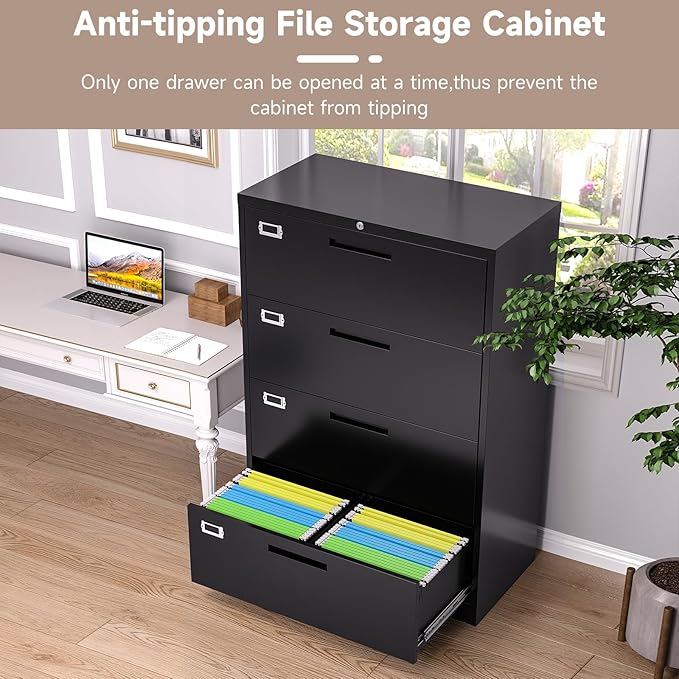 4 Drawer Lateral File Cabinet with Lock, Metal Filing Cabinets for Home Office, Wide Locking File Caninets, Black Office Storage Cabnet for Hanging Letter/Legal / A4 / F4 - Assembly Required