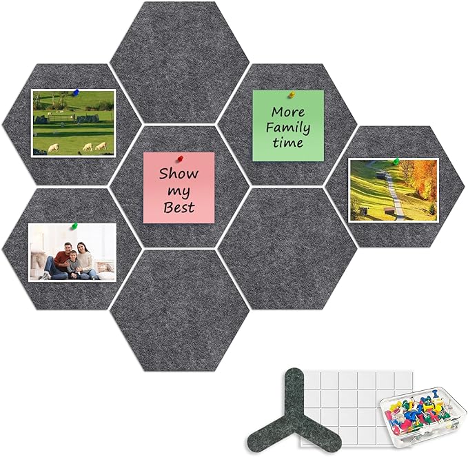 8-Pack Hexagon Felt Cork Board with 80 Push Pins, 1/2" Thick Felt Bulletin Pinboard with Adhesive Tabs, Geometric DIY Cork Board Wall Tiles for Home Office Classroom (Dark Grey)