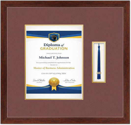 Diploma Frame with Tassel Holder Rustic Walnut Shadowbox Dark Red Over Gold Mat - Fits 8.5 x 11 Degree Made in the USA