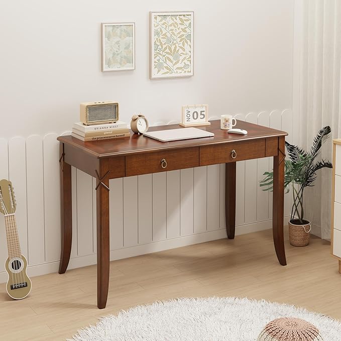 Traditional Home Office Desk with 2 Storage Drawers, Solid Wood Computer Desk with Elegant Carved Legs,Vanity Desk, Writing Desk, Corner Table for Living Room, Easy Assembly Cherry Brown BSZ-DR200