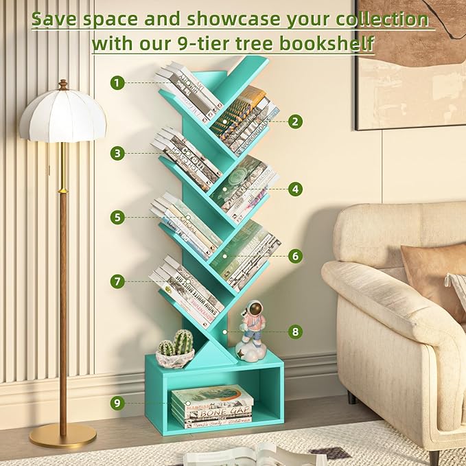 9 Tier Tree Bookshelf,Christmas Green Bookcase for Narrow Space, Storage Organizer Floor Standing Bookshelves for Books, Tall Book Case for Home Office, Living Room, Bedroom
