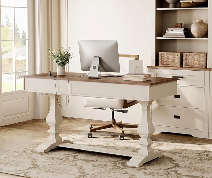 WAMPAT 60-inch Vintage Executive Desk with Charging Station, Featuring T-Style Solid Wood Legs with Anti-Slip Tips,3 Deep Drawers and Ergonomic Scalloped Edges,for Home Office,Study,Antique White