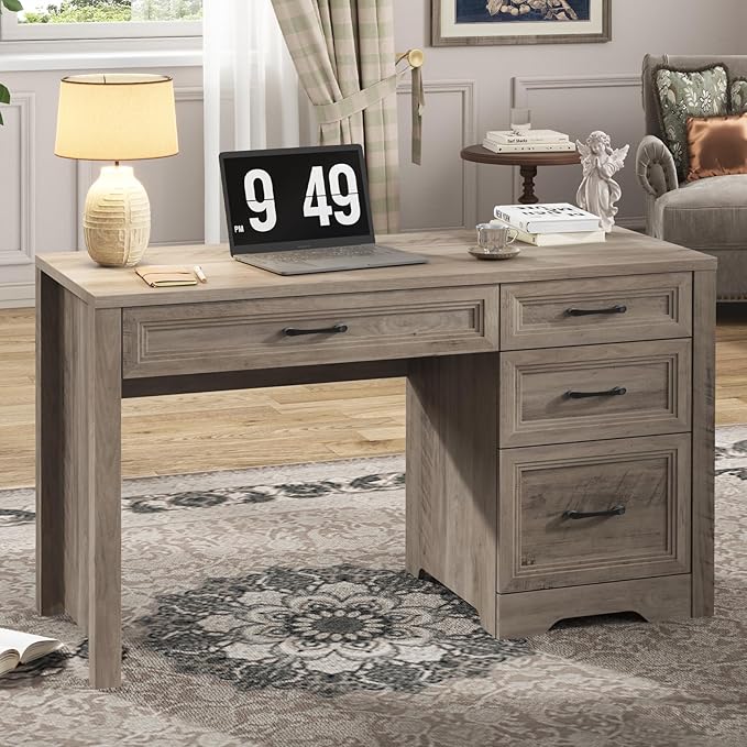 Vabches Farmhouse Executive Desk with Drawers, Home Office Desk with File Drawer, Wood Computer Desk with Ample Storage, Rustic Office Desk with Spacious Tabletop for Work, Grey