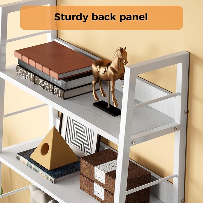 IRONCK Industrial Bookshelves and Bookcases, Ladder Shelf 5 Tiers with Metal Frame for Living Room, Home Office, White