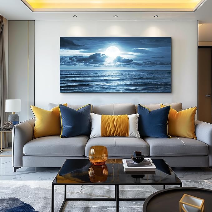 wall art for living room Decorations Photo Prints - blue sea view The moon Landscape - Modern Home Decor The room Stretched and Framed Ready to Hang artwork (Blue Ocean&Moon, 30x 60inch x 1pcs)