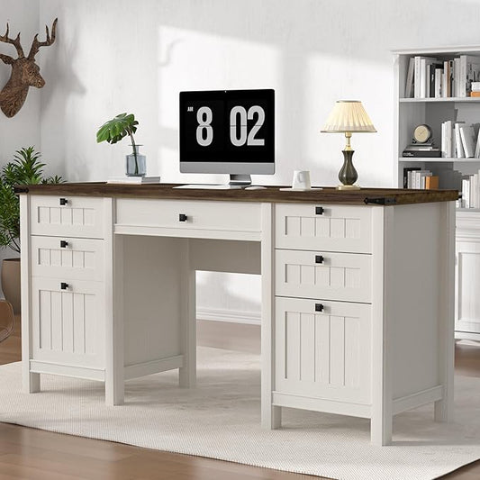 Executive Desk, Modern Farmhouse Computer Desk with Drawers & Cabinet, Home Office Desk for Work Study Writing Workspace (Antique White, 62")
