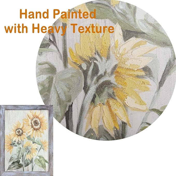 Botanical Wall Art Picture - Framed Sunflowers Floral Painting with Wood Texture for Bathroom and Bedroom 24"x18"