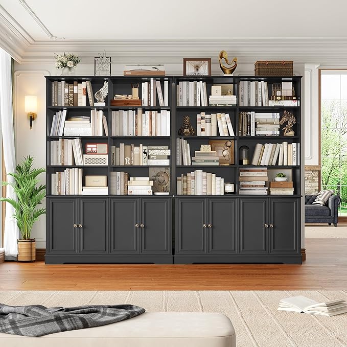 FINETONES 73" Black Bookshelf with Doors, 6 Tier Tall Bookshelf Double Wide Bookcases and Bookshelves with Storage, Large Display Cabinets for Home Office,Living Room, Library