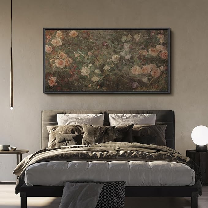 SIGNFORD Extra Large Framed Canvas Vintage White Rose Garden Print Classic Floral Illustrations Modern Art Calm Warm for Living Room, Bedroom, Office - 60"x30"