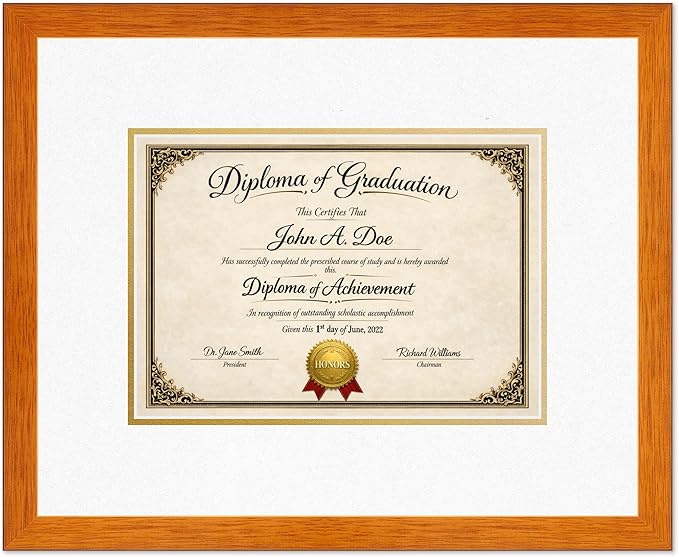 Diploma Frame Honey Oak with Oyster Shell Over Gold Double Mat - Fits 11.69 x 8.27 A4 Certificate Wall Display Made in the USA