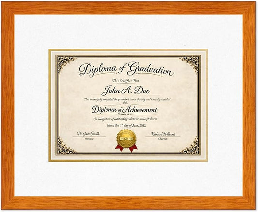 Diploma Frame Honey Oak with Oyster Shell Over Gold Double Mat - Fits 11.69 x 8.27 A4 Certificate Wall Display Made in the USA