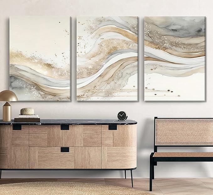 3Pcs Gold Abstract Marble Canvas Wall Art Modern Grey and Gold Fluid Painting Picture Wall Decor neutral Marble Poster Print Artwork for Bedroom Living Room Office Hotel Home Decoration