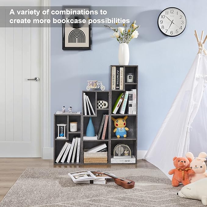 VECELO 3-Cube Open Bookcase, Small Bookshelf with Height Difference Shelves for Most Books, Horizontal Available, 2-Tier Storage Organizer for Home Office, Living Room, Grey