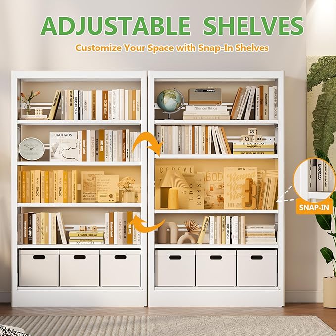 71 Tall Metal Bookshelf, White Bookcase Industrial, 5-Tier Bookshelf Storage with Adjustable Shelf, Modern Book Shelves Heavy Duty with Bookend for Home, Office, Library, Includes Book Stoppers