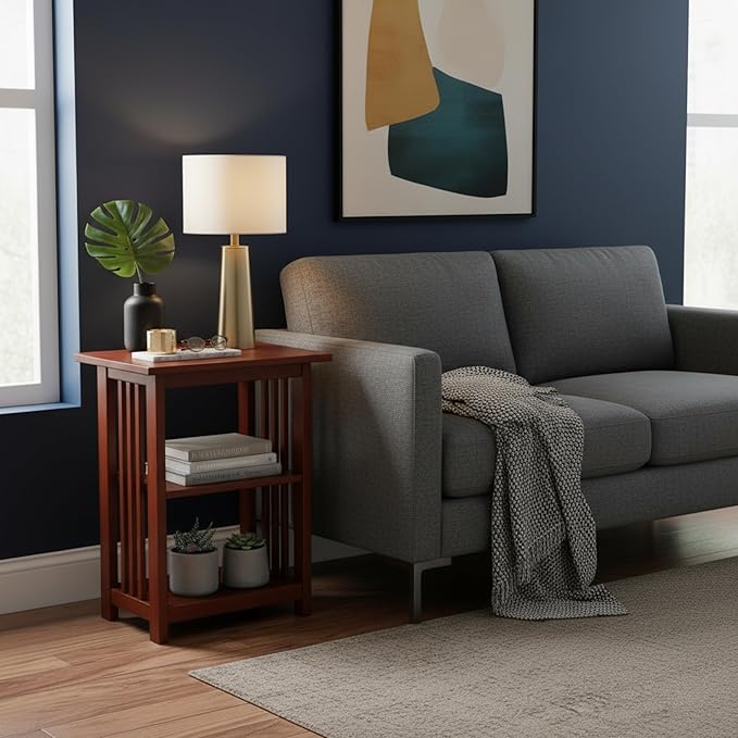 Alaterre Furniture Mission 3-Tier End Table with Vertical Slat Side Panels – Craftsman Style Wood Side Table with Open Storage for Living Room, Bedroom, or Cozy Reading Nook (Cherry)