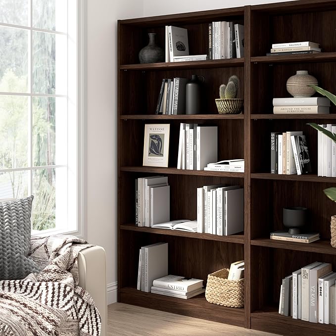 Bush Home Universal Tall 5 Shelf Bookcase in Black Walnut, Vertical Storage and Display Bookshelf for Home Office or Living Room Organization