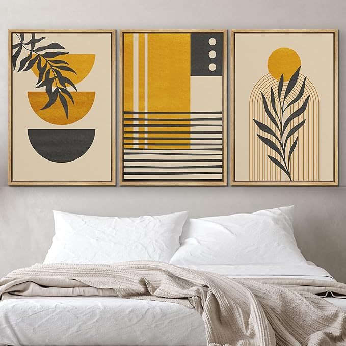 IDEA4WALL Framed Canvas Print Wall Art Set Geometric Mid-Century Jungle Safari Leaf Polygons Abstract Shapes Illustrations Modern Art Nordic for Living Room, Bedroom, Office - 16"x24"x3 Natural