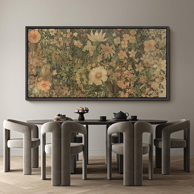 SIGNFORD Extra Large Framed Canvas Botanical Garden in Muted Earth Tones Vintage Floral Illustrations Modern Art Calm Warm for Living Room, Bedroom, Office - 60"x30"