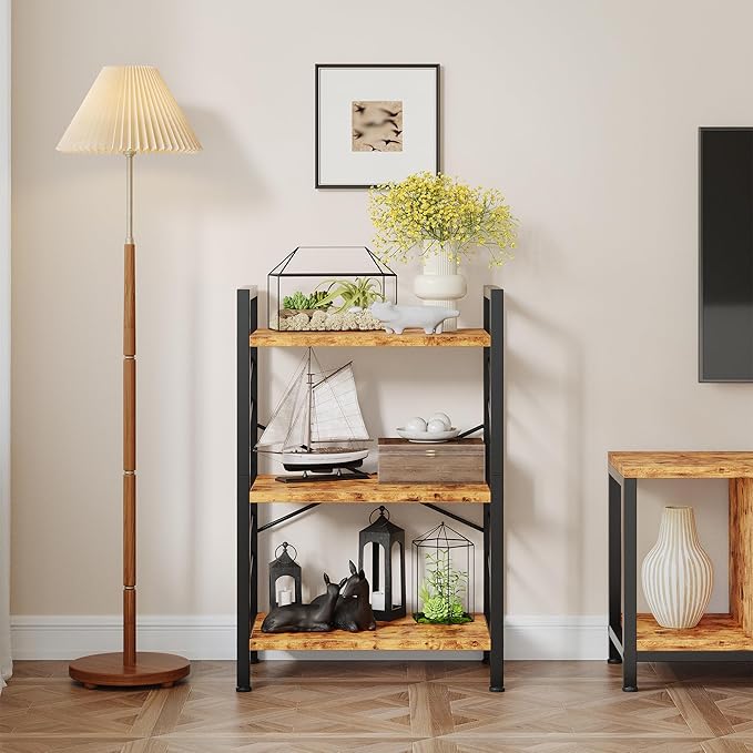 Book Shelf, Industrial 3 Tier Small Bookshelf, Bookcase with Metal Frame and Sidebars, Storage Shelves for Bedroom, Home Office and Living Room, Rustic Brown