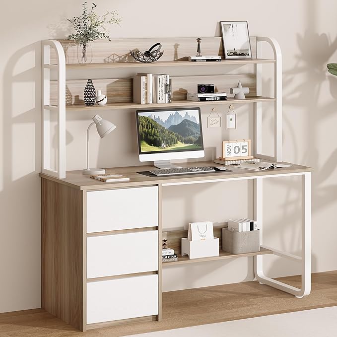 Computer Desk with 3 Drawers and Shelves, 55 Inch Desk with Hutch for Small Spaces, Study Writing Desk with Shelves for Bedrrom, Adjustable Feet, Walnut