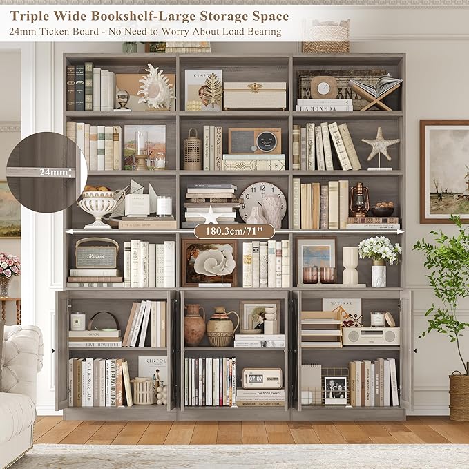FACBOTALL 75" Triple Wide Bookshelf, Bookshelf and Bookcase with 6 Farmhouse Doors, 71" Wide 6 Tier Book Shelf with 18 Storage Shelves, Large Wooden Bookshelves, Tall Bookcase for Home Office, Gray