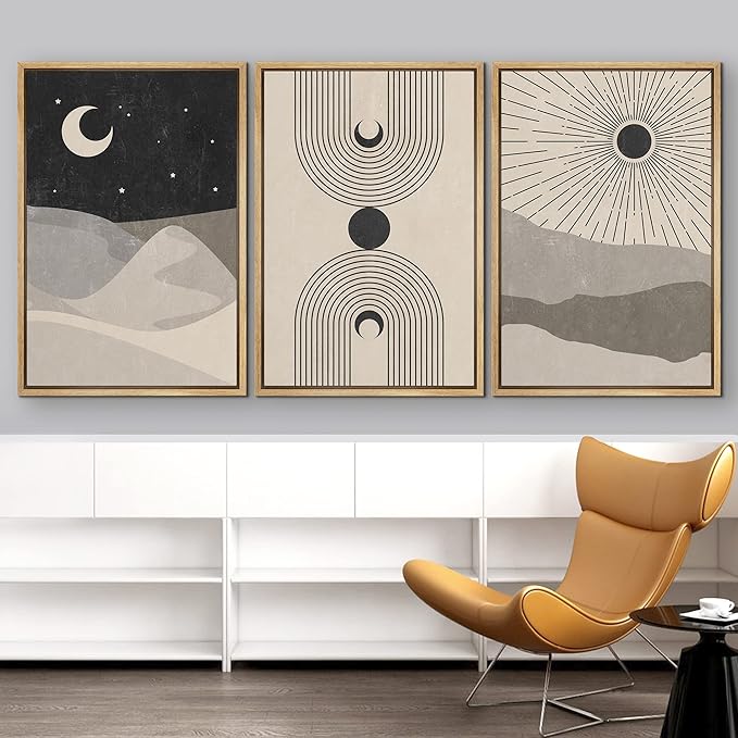 IDEA4WALL Framed Canvas Print Wall Art Set Crescent Moon Shining Sun Tropical Desert Astronomy & Space Nature Illustrations Modern Art Rustic for Living Room, Bedroom, Office - 16"x24"x3 Natural