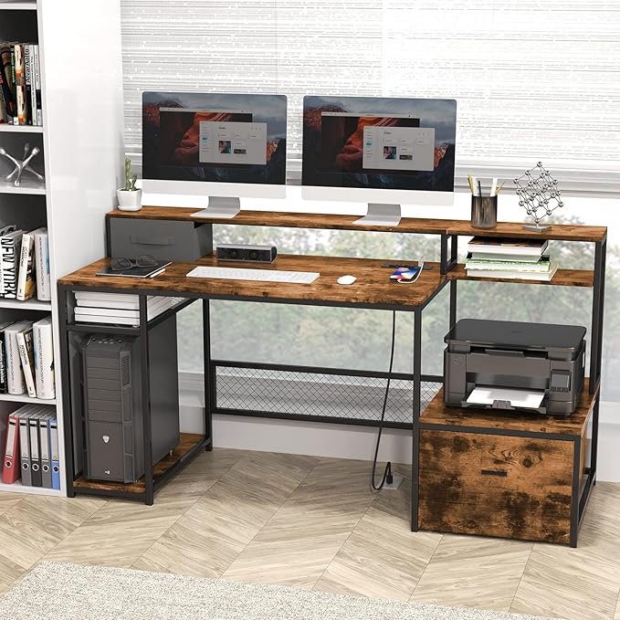 Home Office Desks with Drawers, 66'' Computer Desk with Storage, Office Desk with Monitor Stand, Work Desk with Outlets and USB, Gaming Table Desk with File Cabinet for Home Office Table, Brown