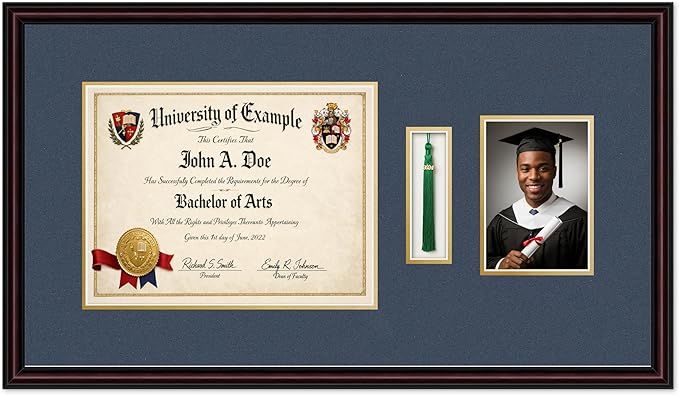 Diploma Tassel and Photo Shadowbox Fits 13 x 10 College Diploma (Traditional) with Executive Brown Genuine Hardwood with Navy Blue Over Metallic Gold Double mat