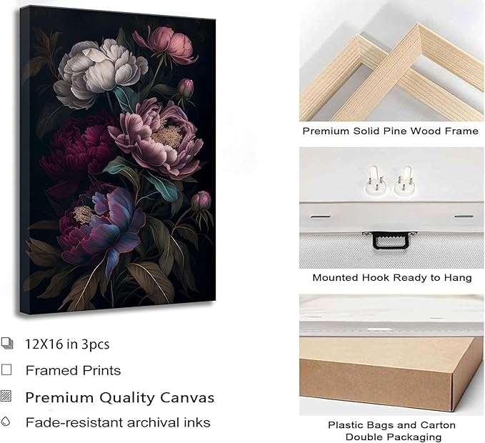 3 Pcs Moody Floral Canvas Wall Art Vintage Dark Peony Flowers Botanical Still Life Painting Picture Wall Decor Poster Print Artwork for Living Room Bedroom Women Room Home Decoration