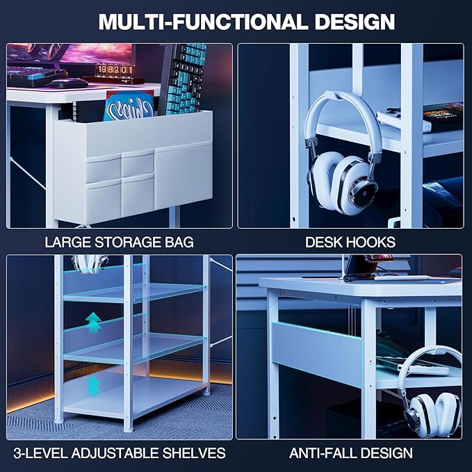 L Shaped Gaming Desk 55 Inch - Computer Corner Desk with Power Outlets, Reversible Shelves & Storage Bag for Home Office, PC Gaming Table, White Carbon