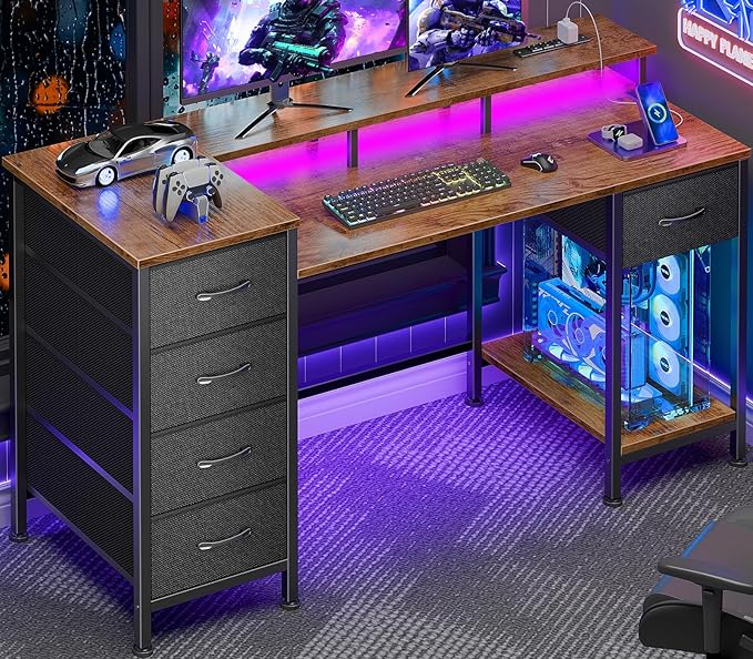 47 Inch Computer Gaming Desk with Power Outlets LED Lights Reversible Home Office with Adjustable Fabric Storage Drawers for Working Writing Study, Rustic Brown