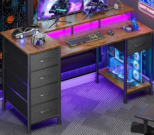 47 Inch Computer Gaming Desk with Power Outlets LED Lights Reversible Home Office with Adjustable Fabric Storage Drawers for Working Writing Study, Rustic Brown